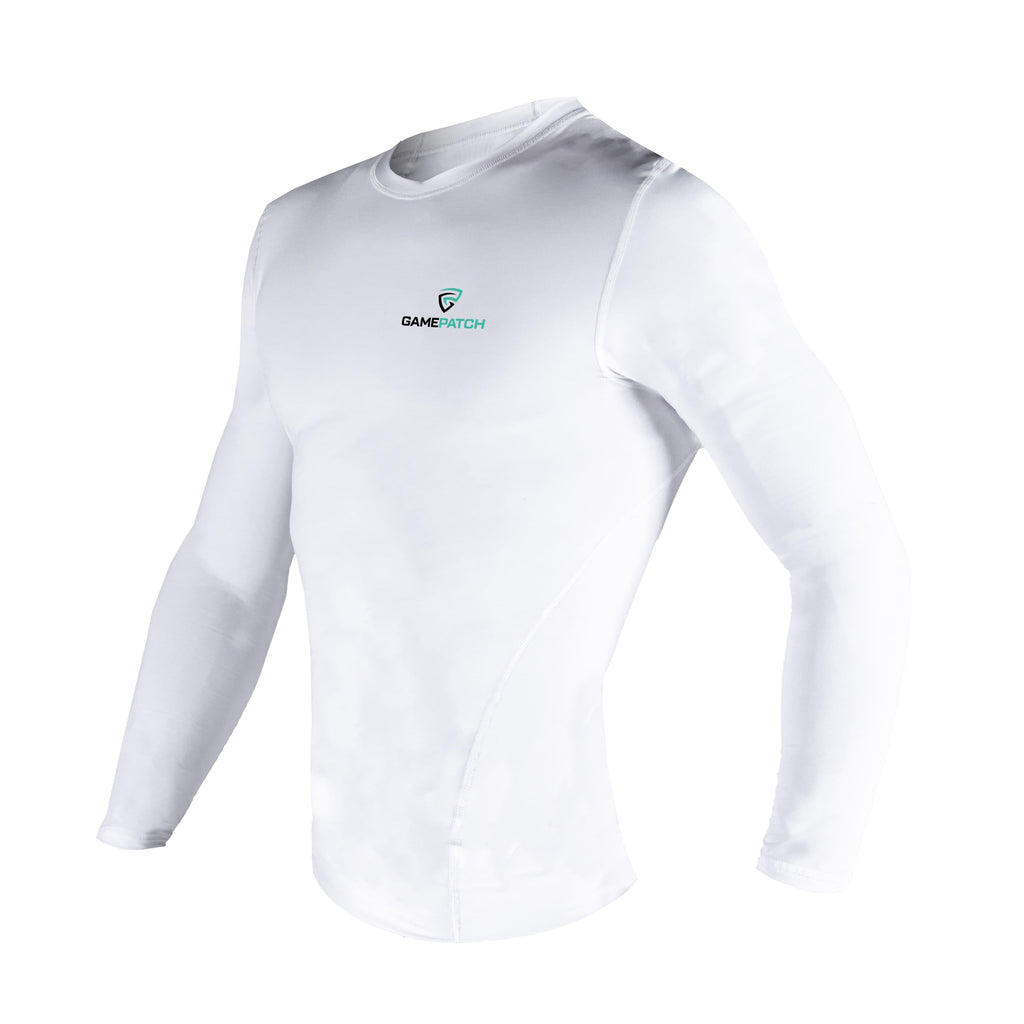 White long-sleeve shirt with a logo on a white background