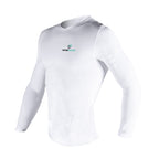 White long-sleeve shirt with a logo on a white background