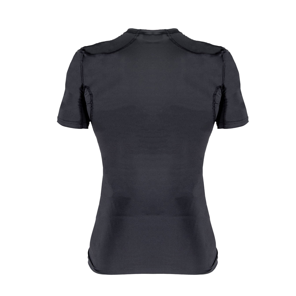 Black short-sleeve top on a white background