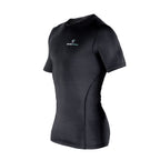Black athletic shirt with a brand logo on a white background