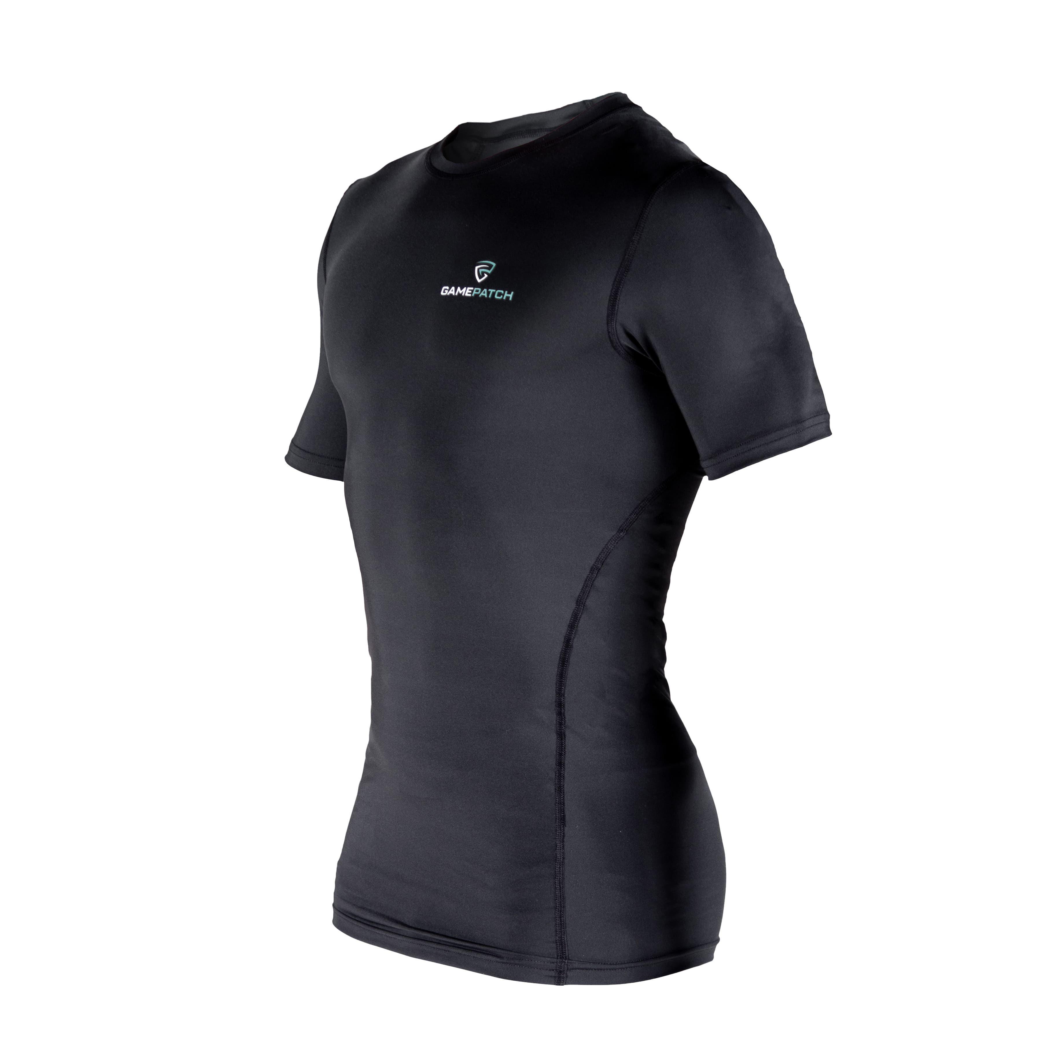 Black athletic shirt with a brand logo on a white background