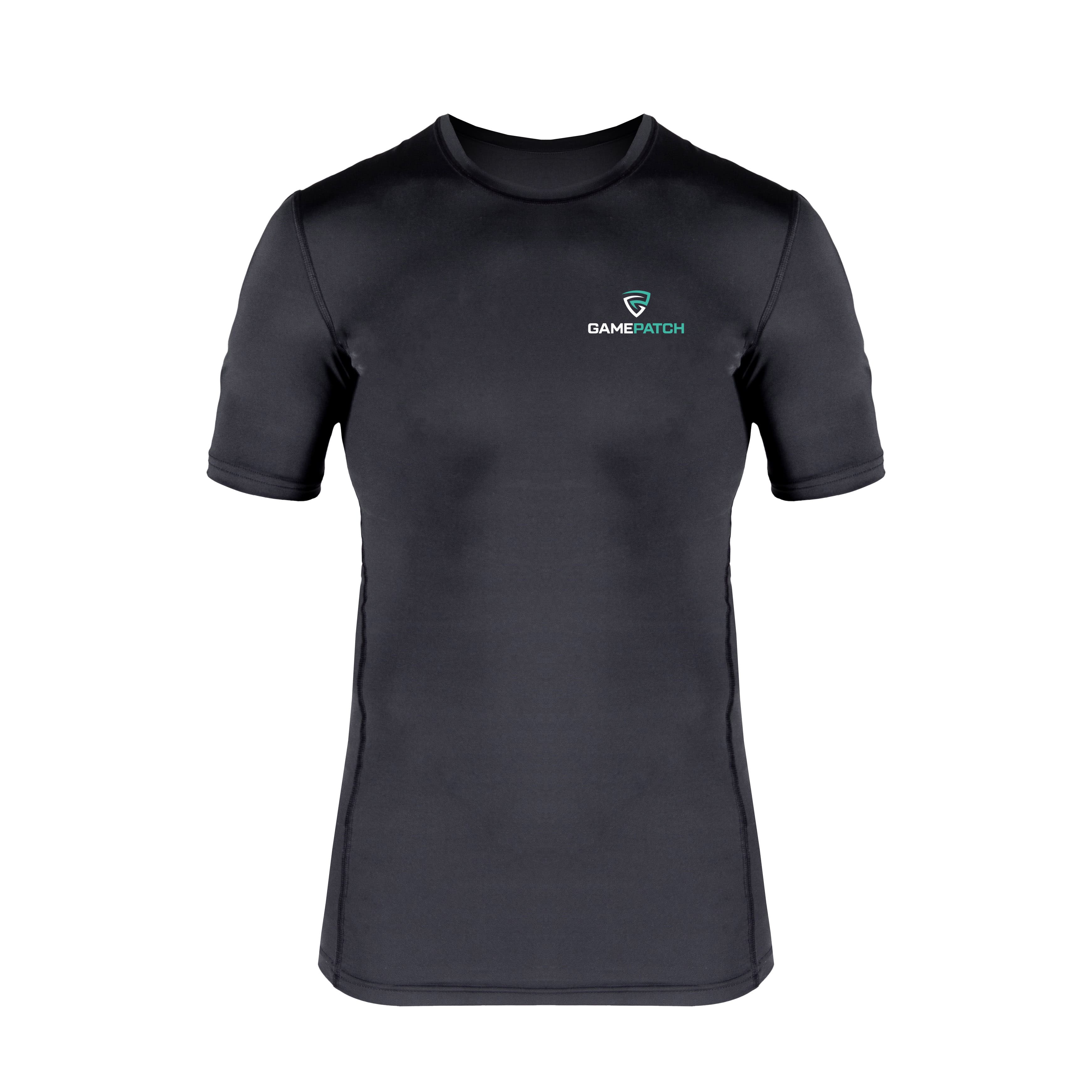 Black compression t-shirt with a logo on the chest against a white background