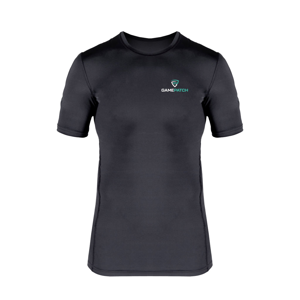 Black compression t-shirt with a logo on the chest against a white background