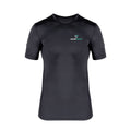 Black compression t-shirt with a logo on the chest against a white background