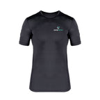 Black compression t-shirt with a logo on the chest against a white background