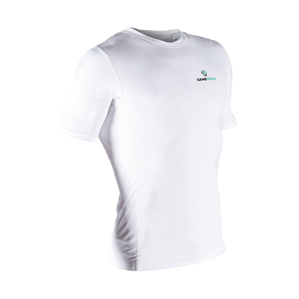 White compression shirt with a logo on a white background