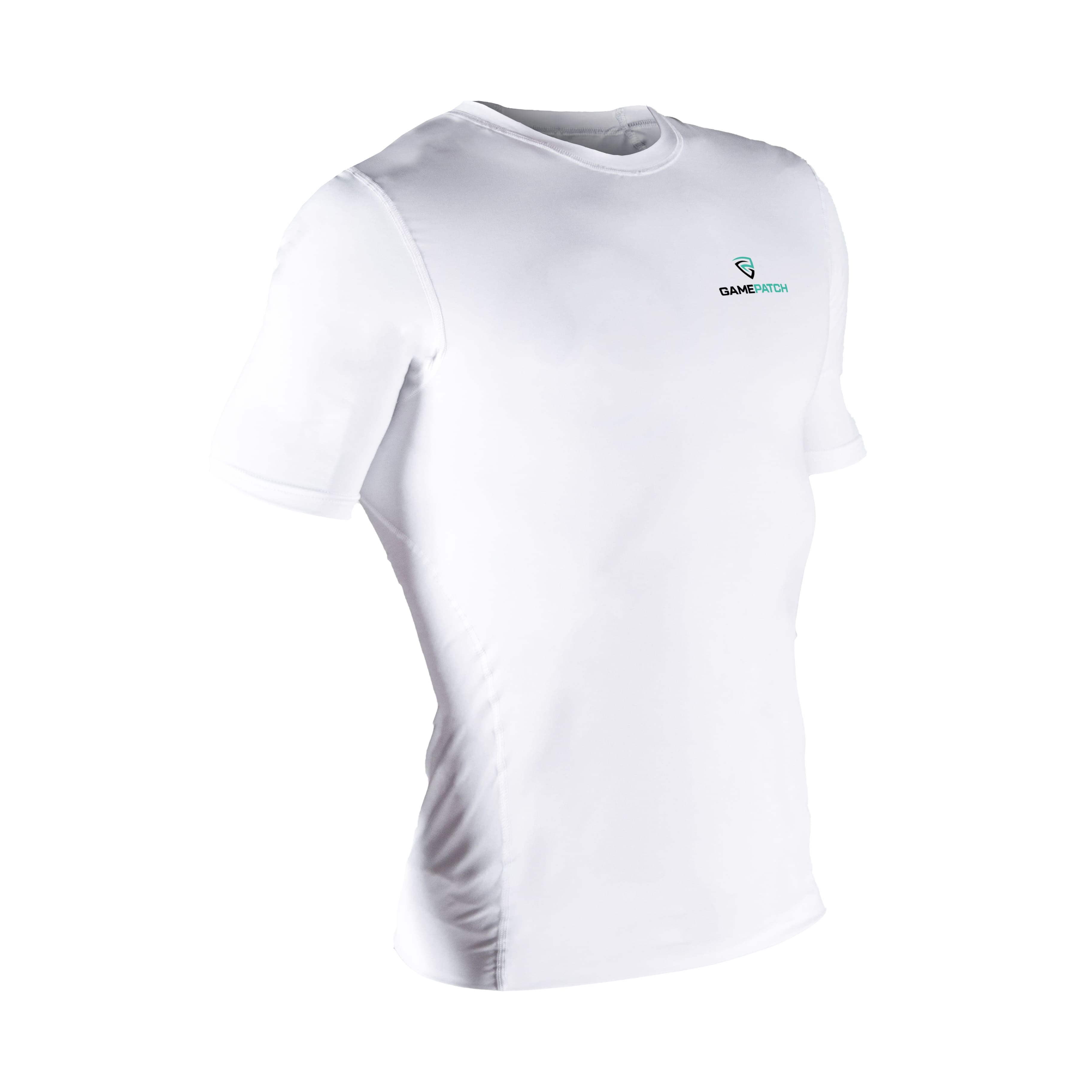 White compression shirt with a logo on a white background