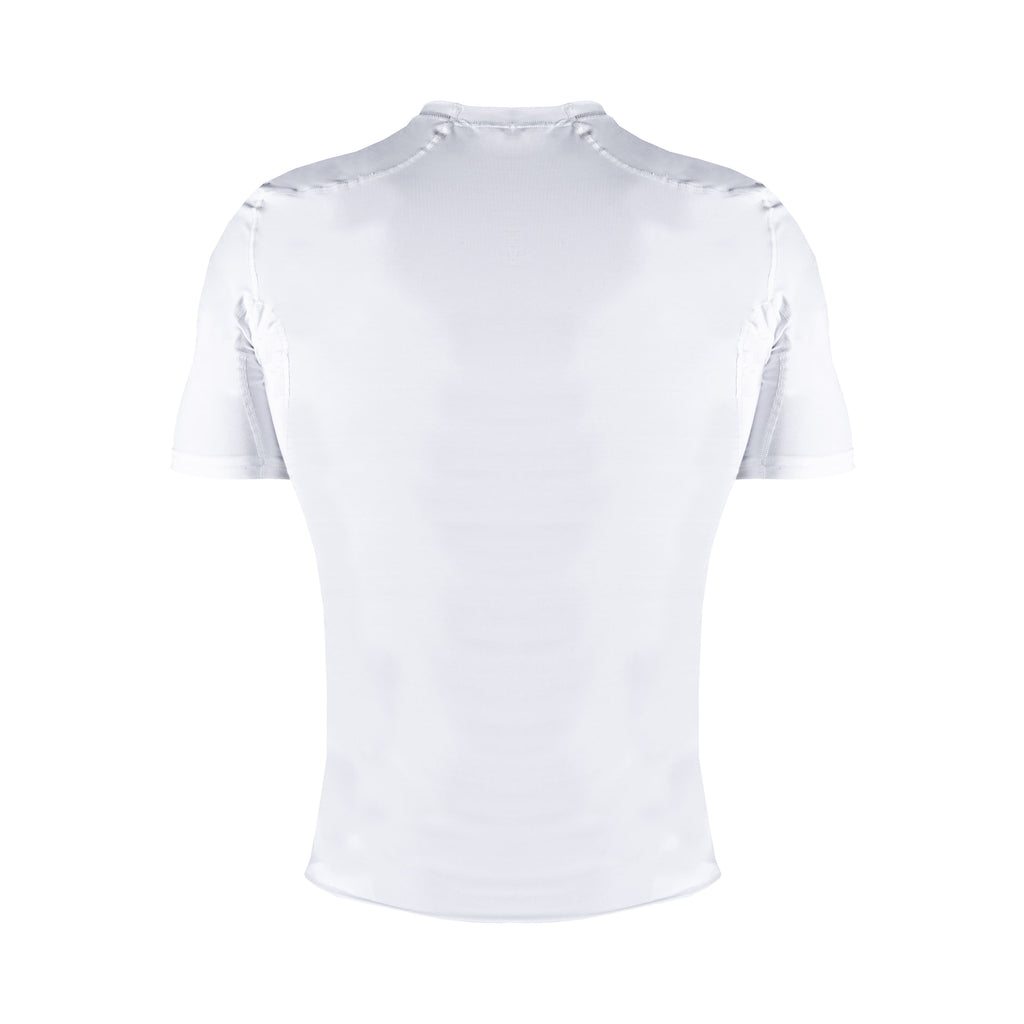 White compression shirt with short sleeves on a white background