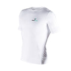 White compression shirt with a logo on a white background