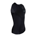 Black sleeveless athletic top with a logo on a white background