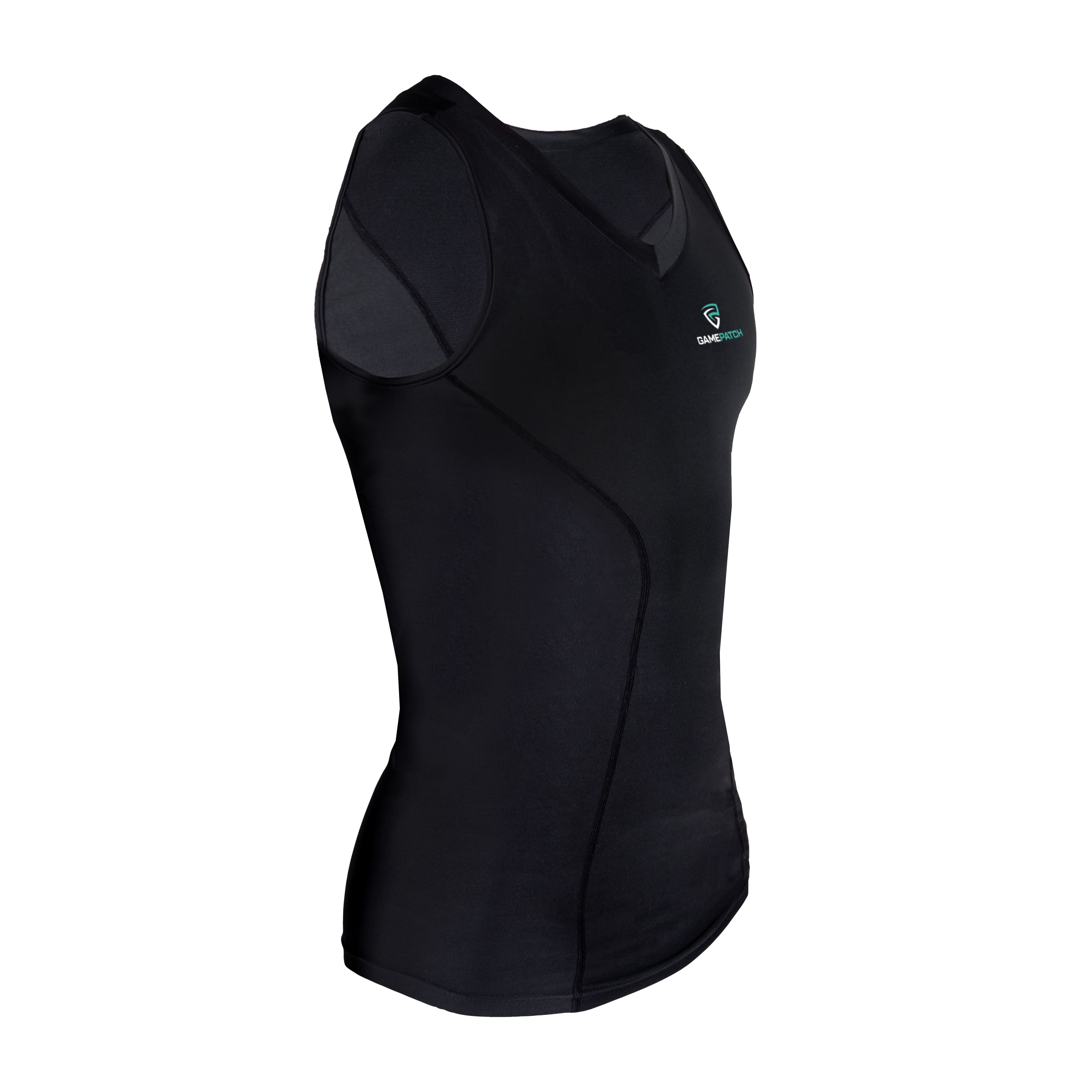 Black sleeveless athletic top with a logo on a white background