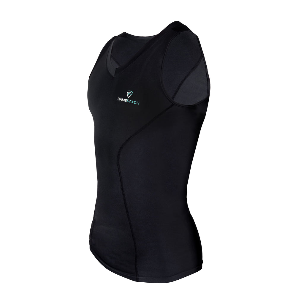 Black sleeveless athletic top with a brand logo on a white background