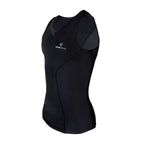Black sleeveless athletic top with a brand logo on a white background