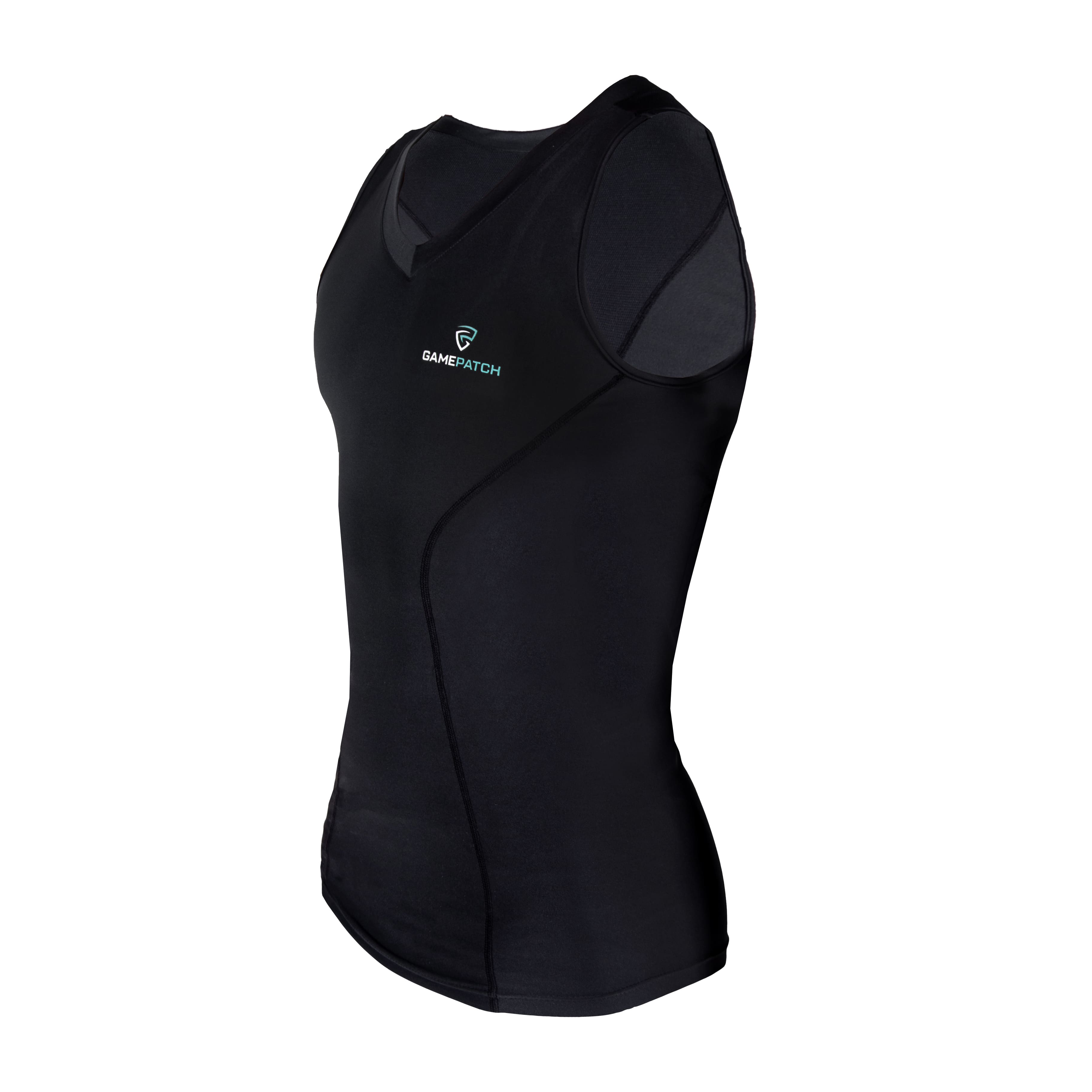 Black sleeveless athletic top with a brand logo on a white background