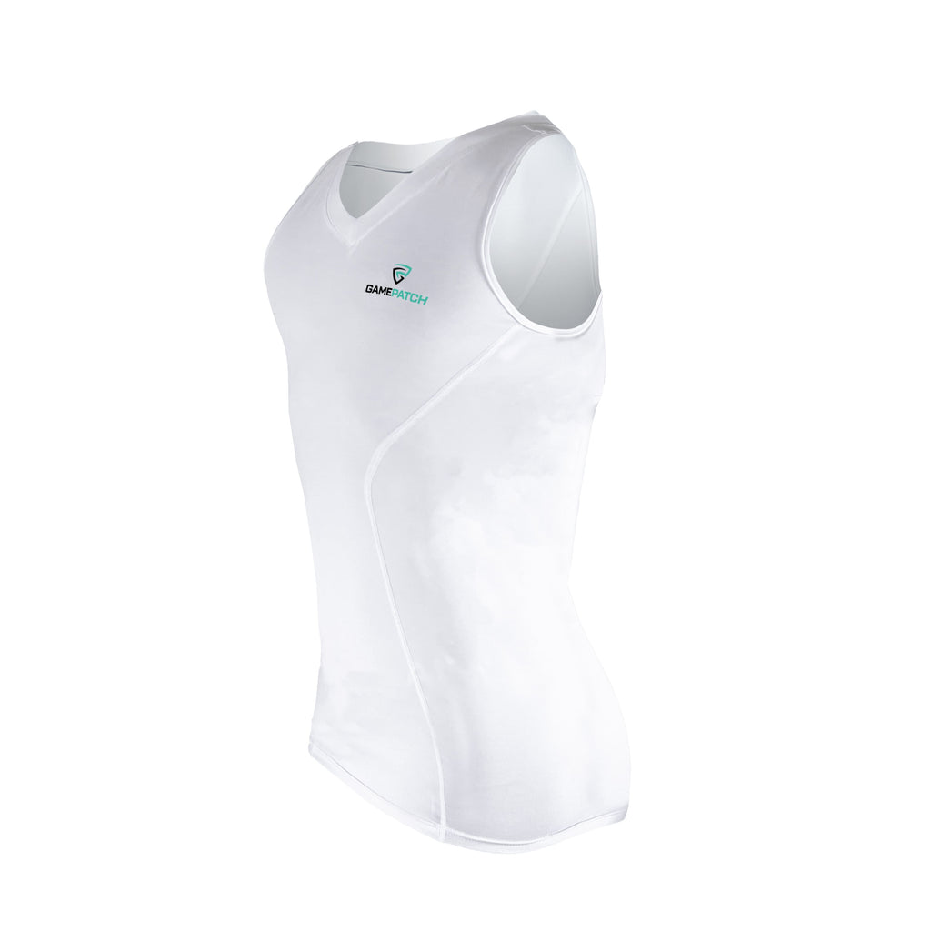 White sleeveless shirt with a logo on a white background
