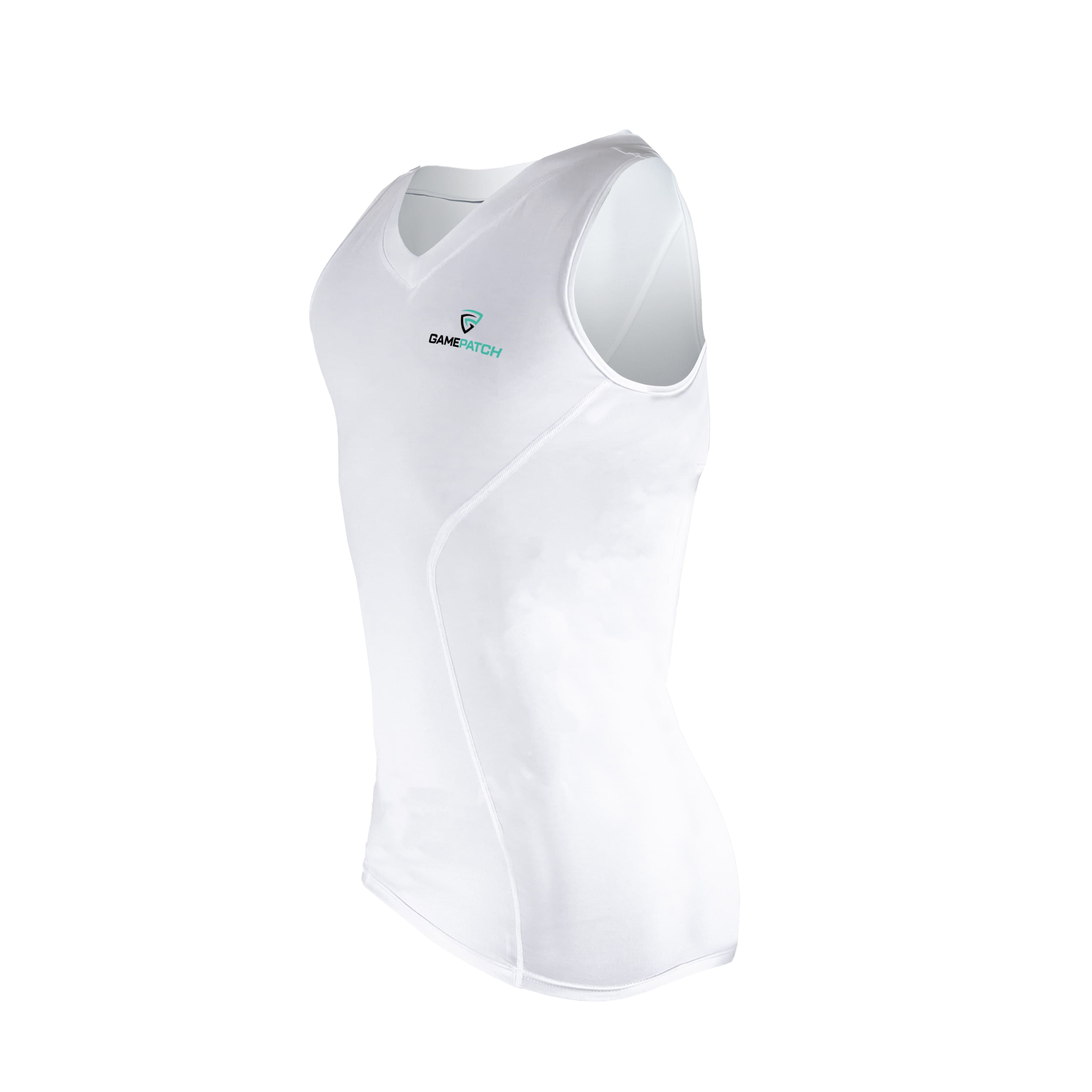 White sleeveless shirt with a logo on a white background