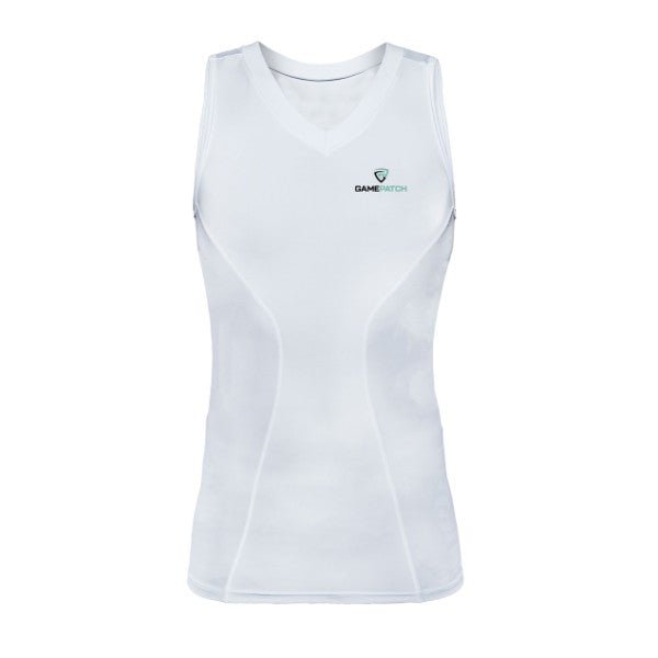 White sleeveless shirt with a logo on a white background