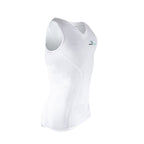 White sleeveless athletic top with a logo on a white background