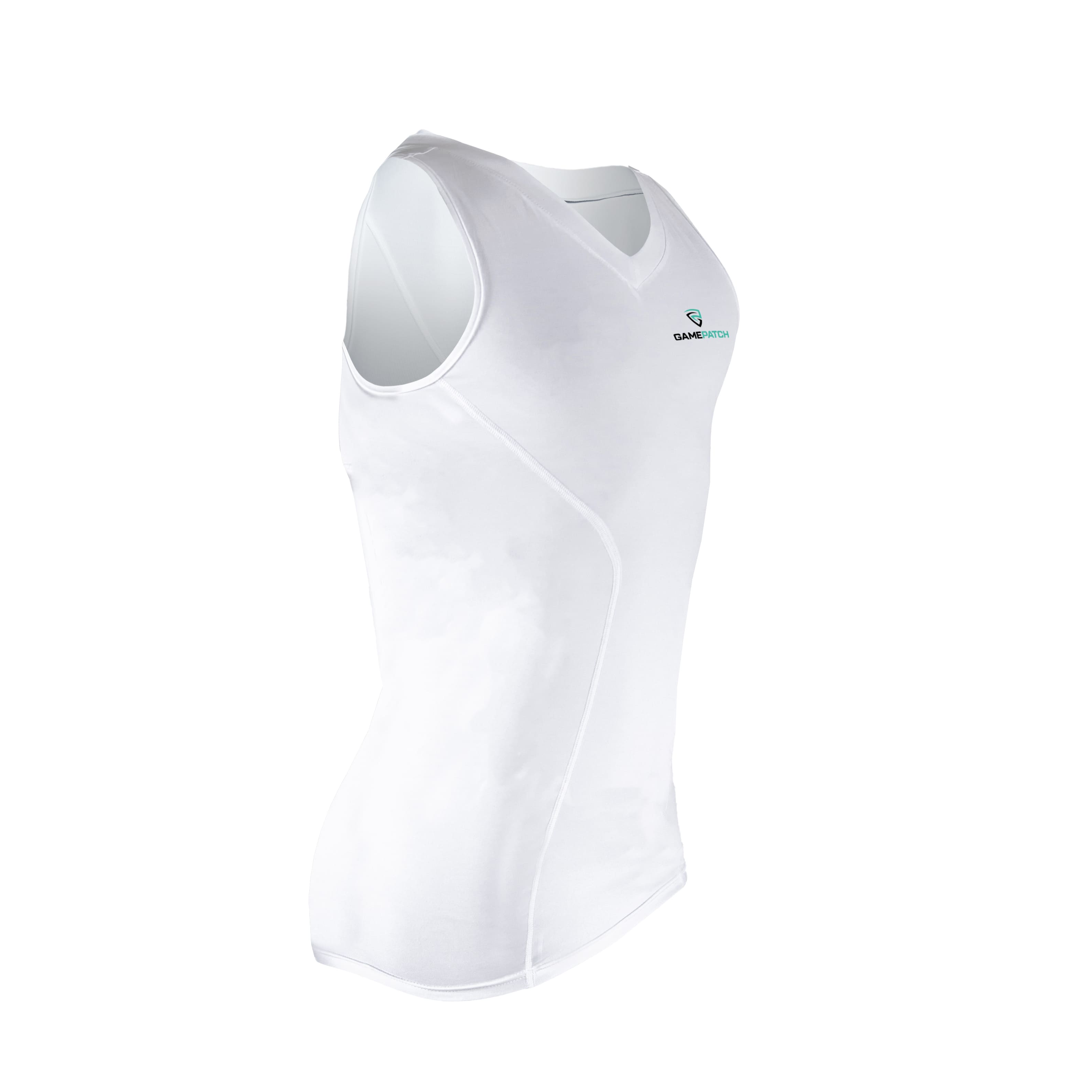 White sleeveless athletic top with a logo on a white background
