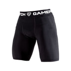 Black compression shorts with a visible brand logo on a white background