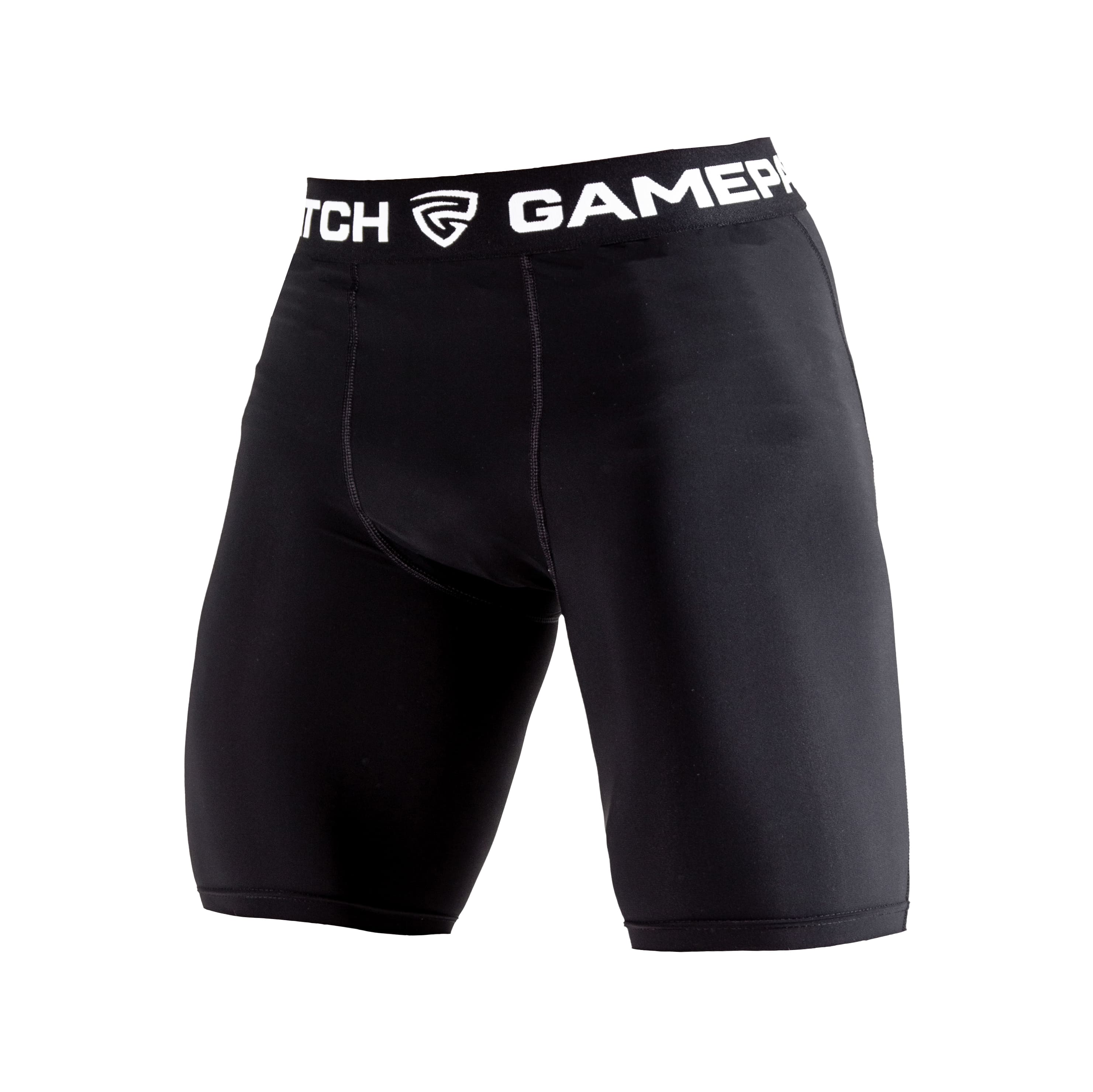 Black compression shorts with a visible brand logo on a white background