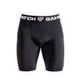 Black compression shorts with a visible brand logo on a white background