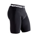 Black compression shorts with a visible brand logo on a white background