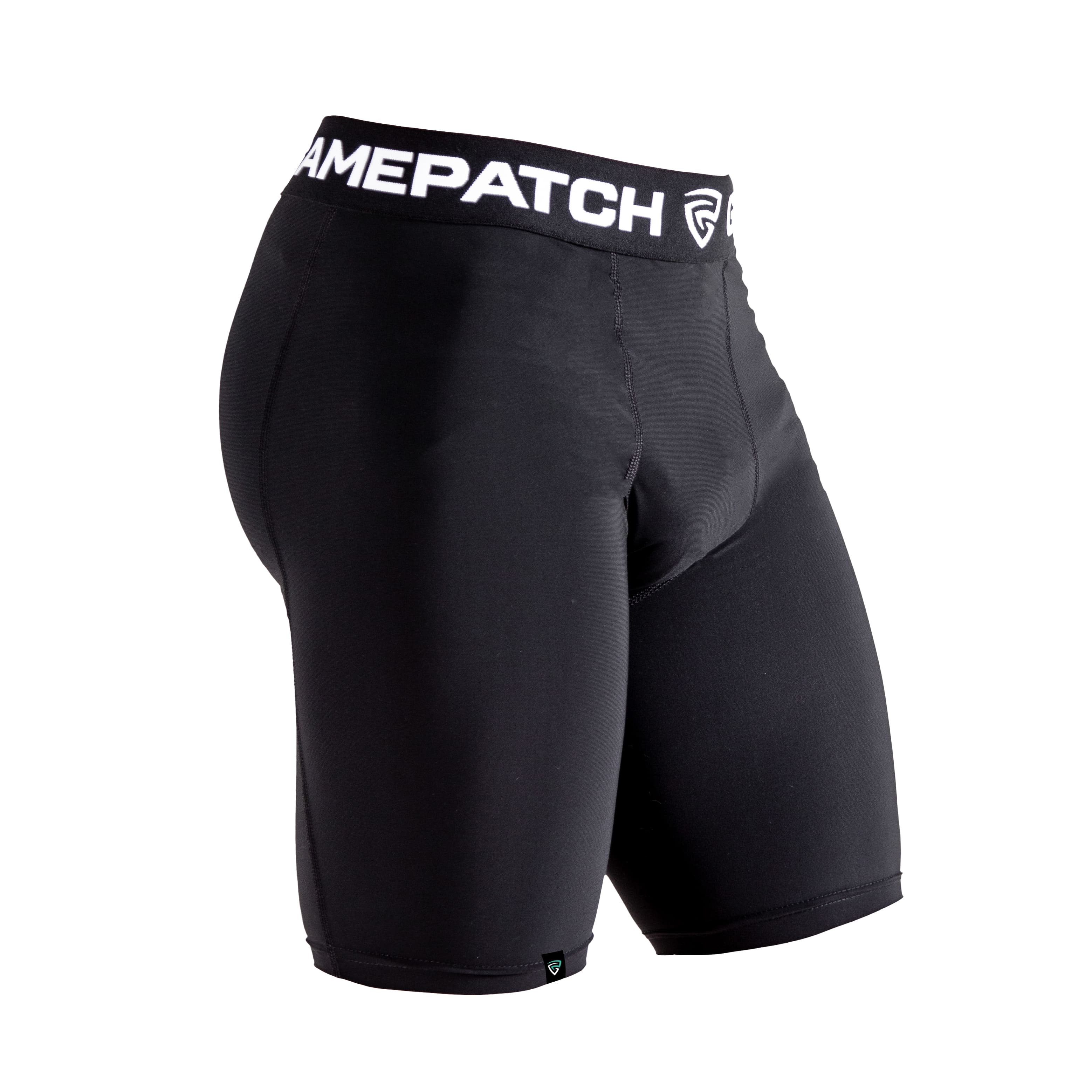 Black compression shorts with a visible brand logo on a white background