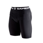 Black compression shorts with a visible brand logo on a white background