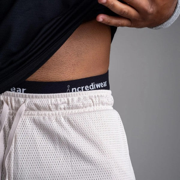 Person wearing a black shirt and  and black shorts with 'incrediwear' branding on a gray background