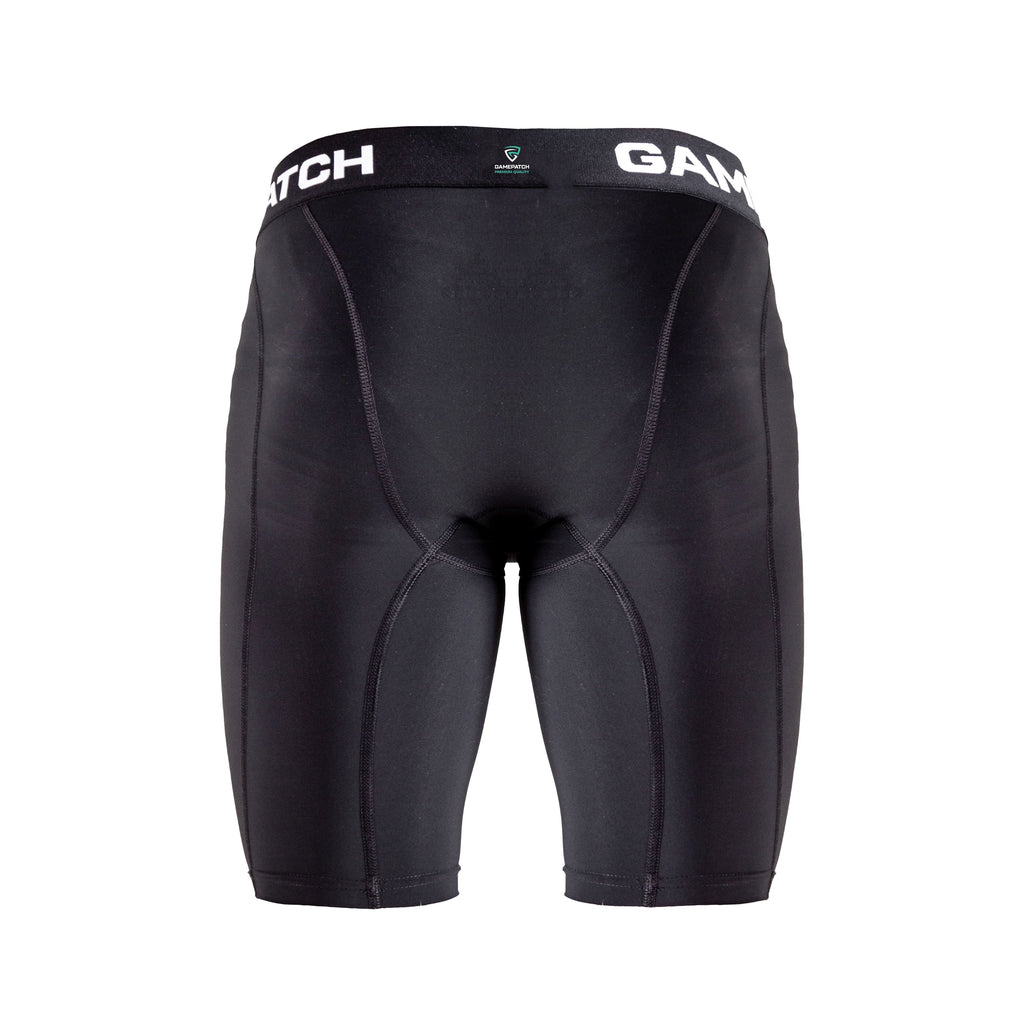 Black compression shorts with 'GamePatch' branding on a white background