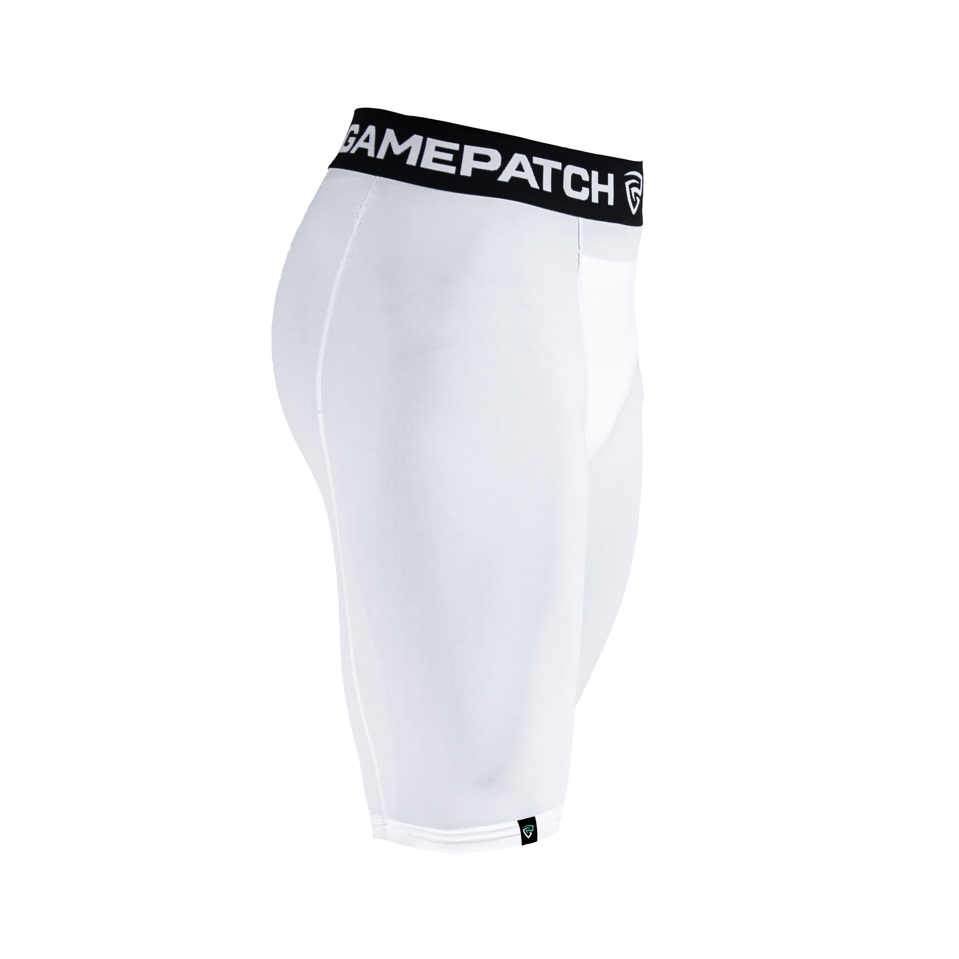 White compression shorts with a black 'Gamepatch' waistband on a white background