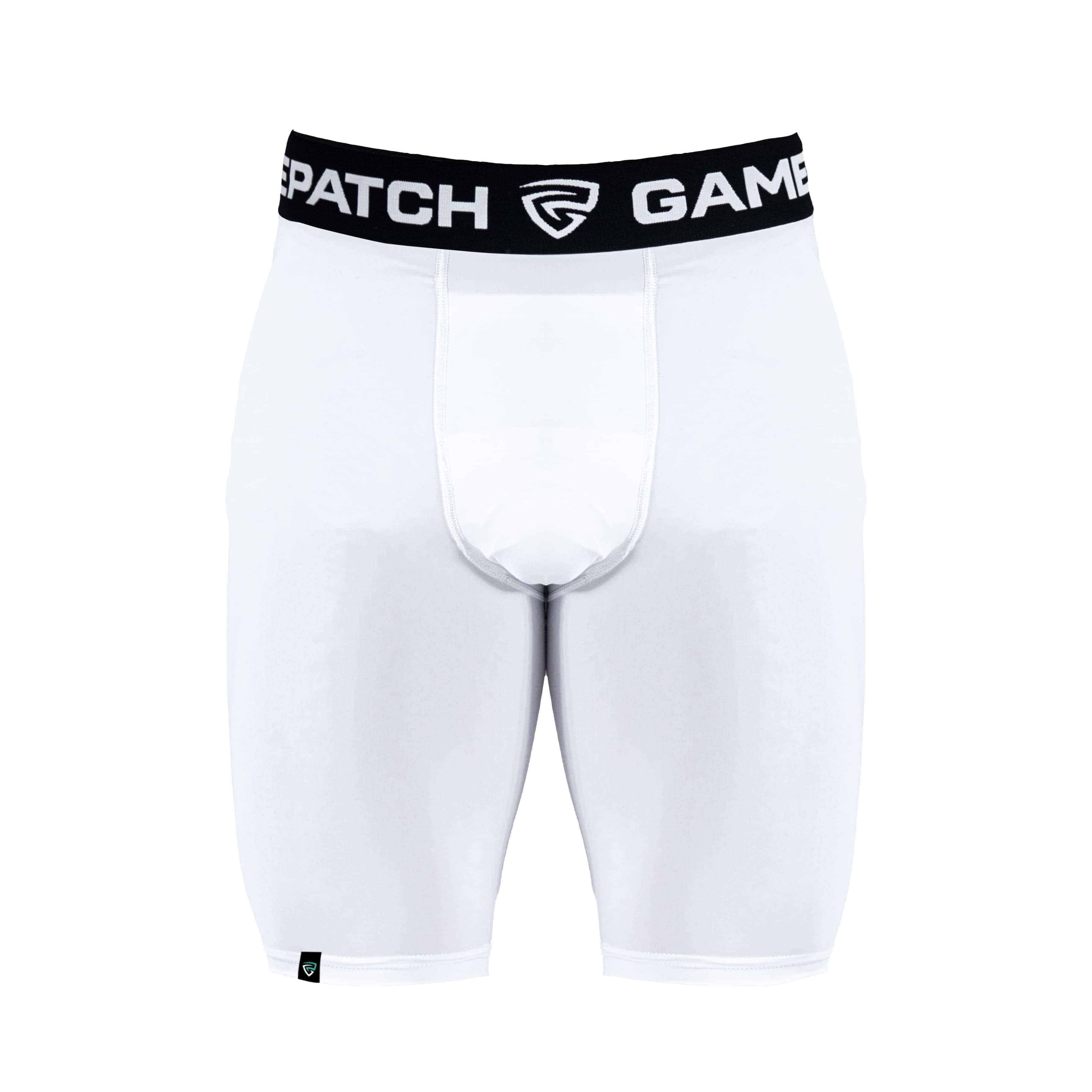 White compression shorts with black waistband featuring 'GamePatch' logo on a white background