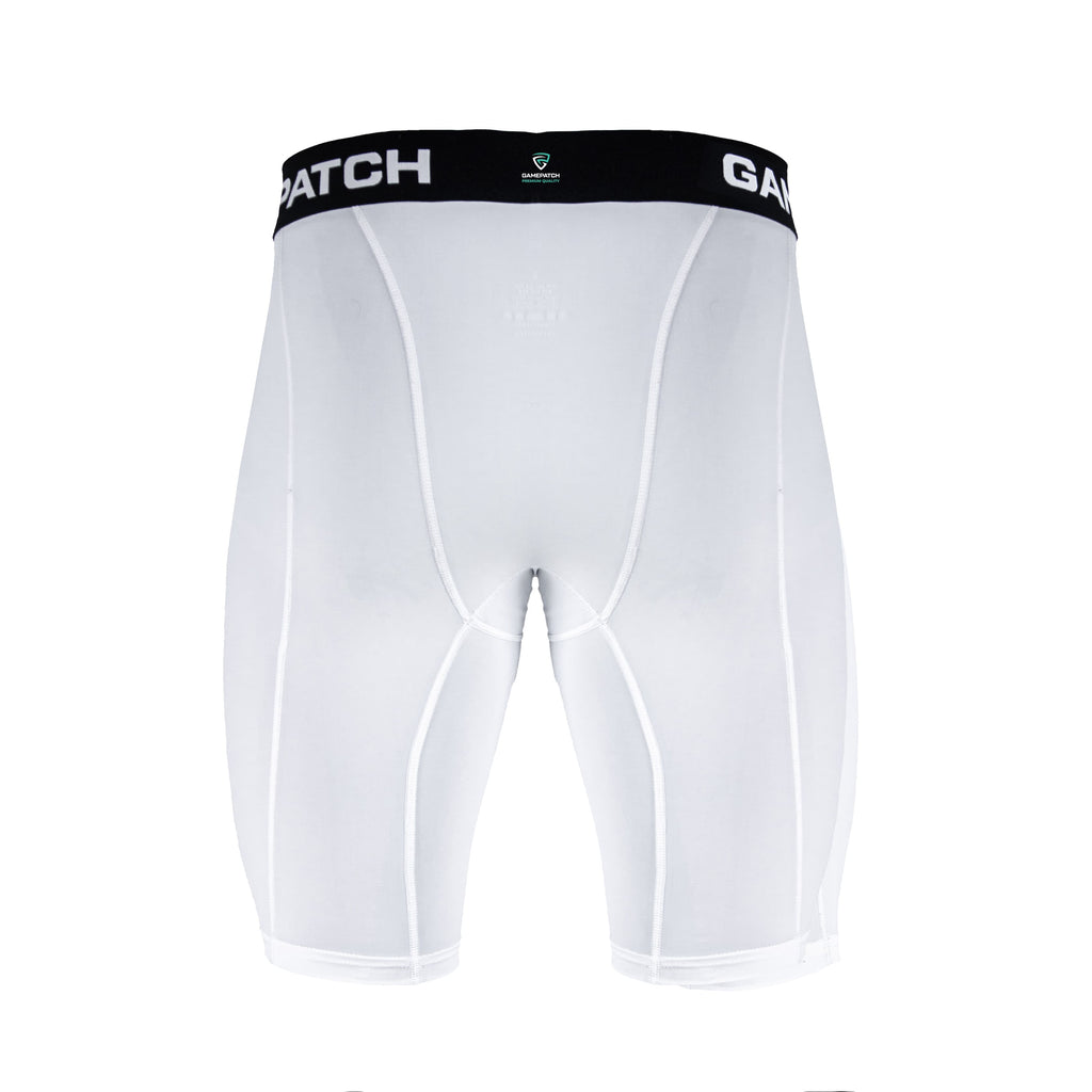 White compression shorts with black waistband on a white background