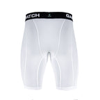 White compression shorts with black waistband on a white background