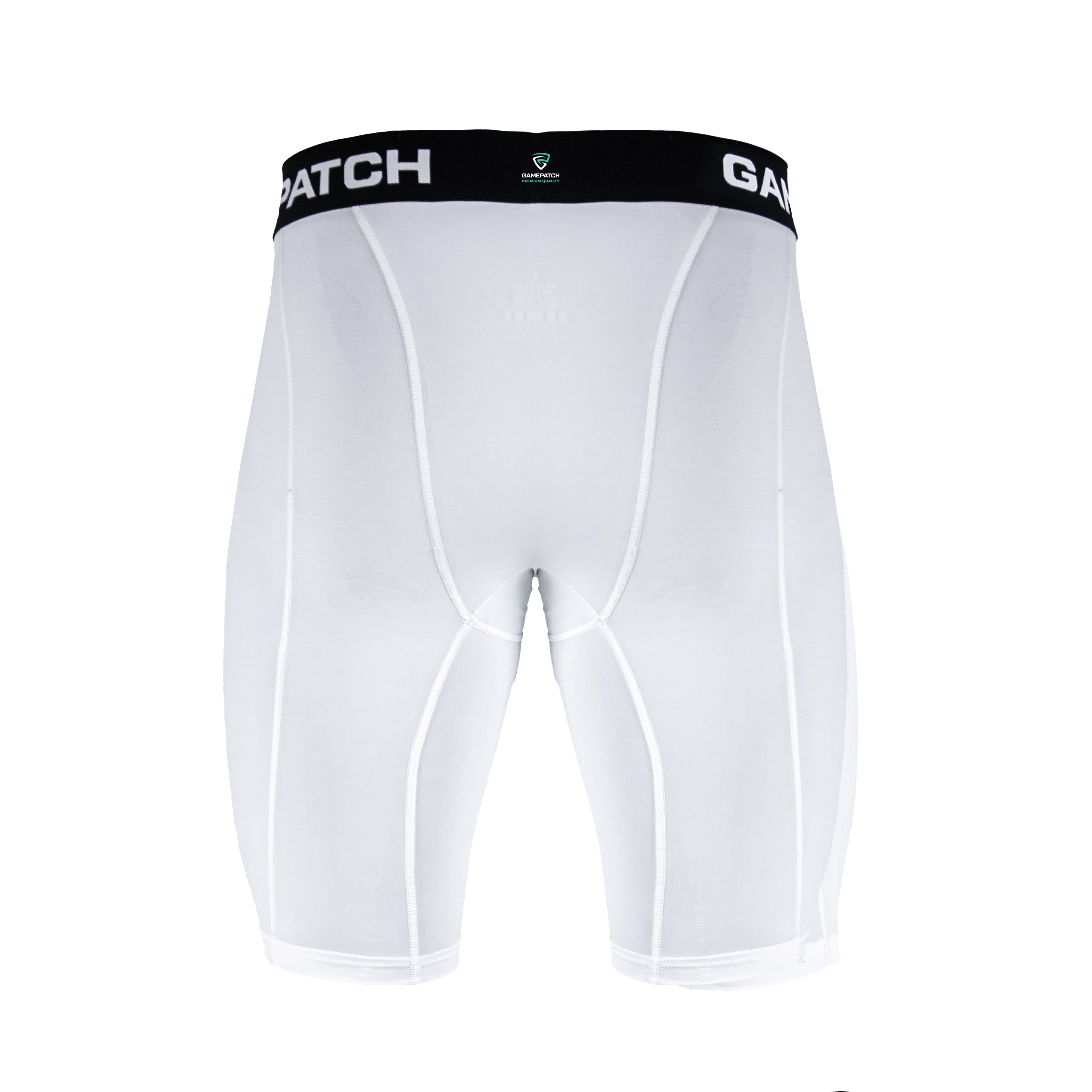 White compression shorts with black waistband on a white background
