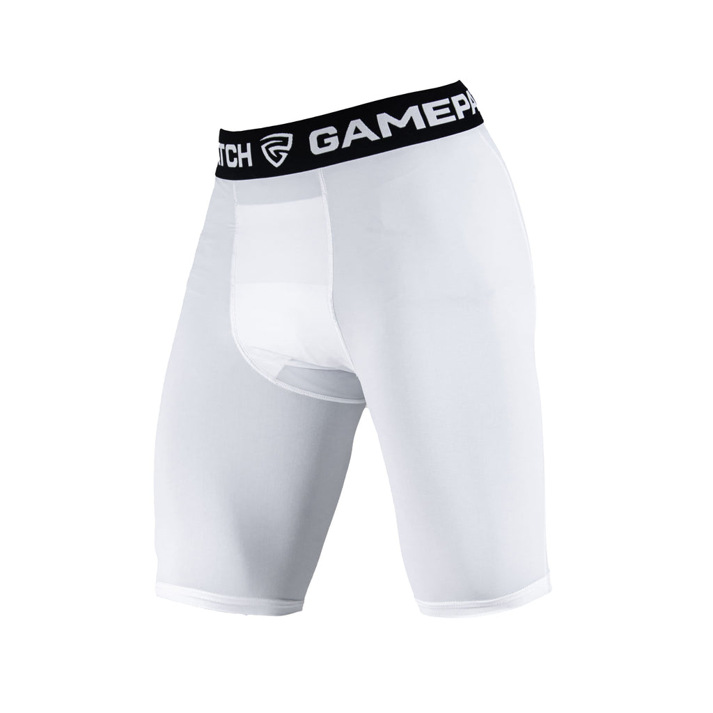 White compression shorts with a black waistband featuring 'GamePatch' branding on a white background.