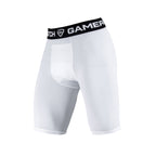 White compression shorts with a black waistband featuring 'GamePatch' branding on a white background.