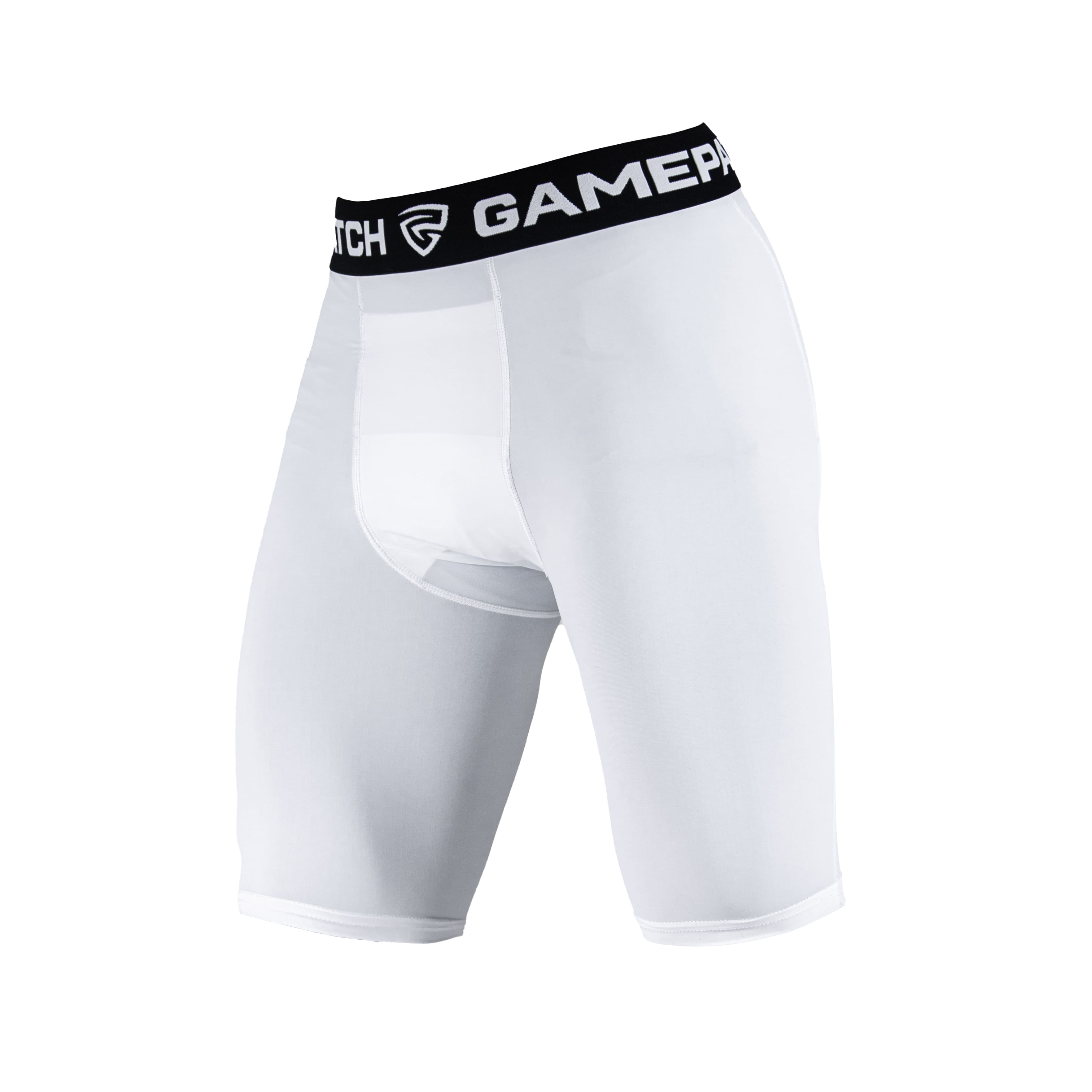White compression shorts with a black waistband featuring 'GamePatch' branding on a white background.