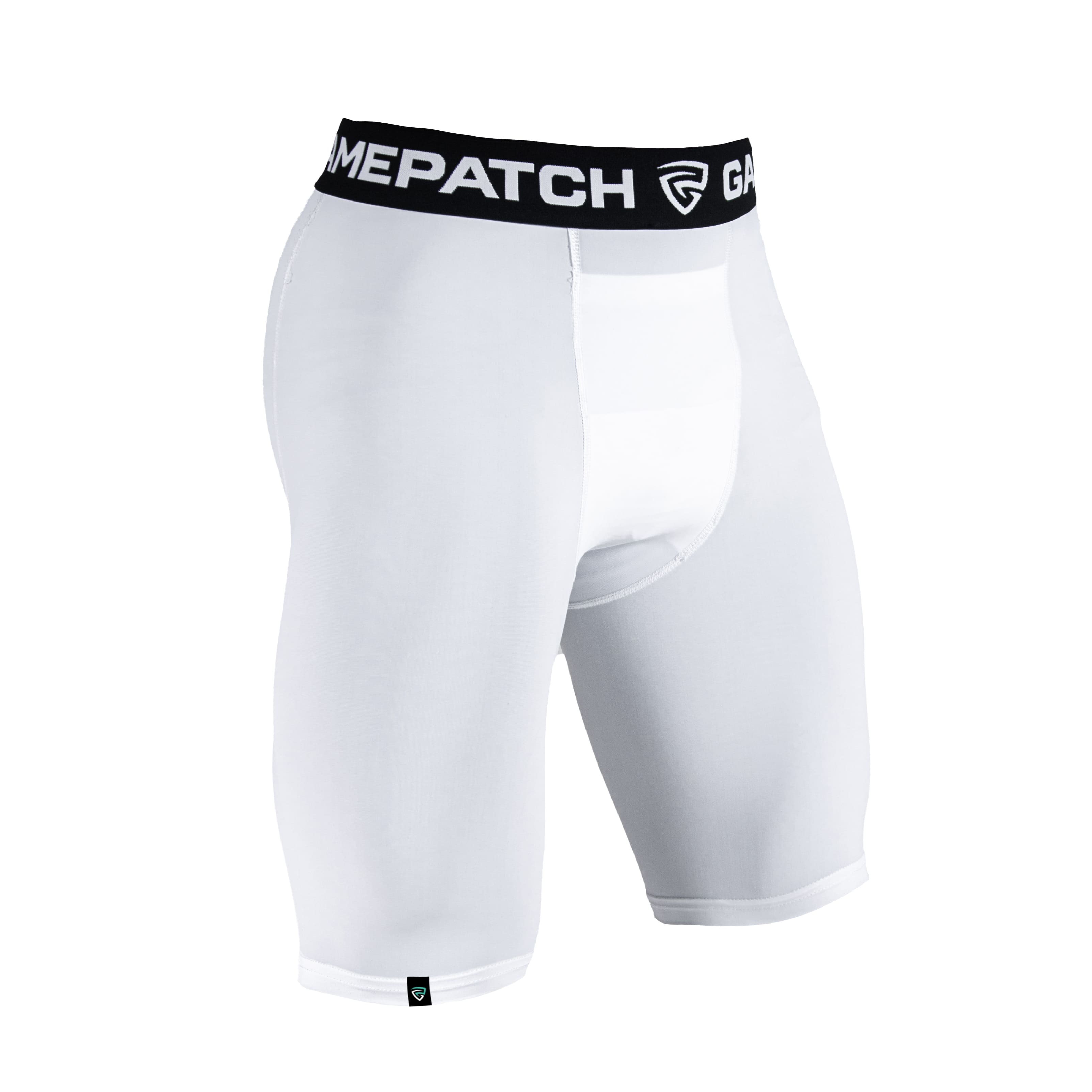 White compression shorts with a black band featuring 'GamePatch' branding on a white background.