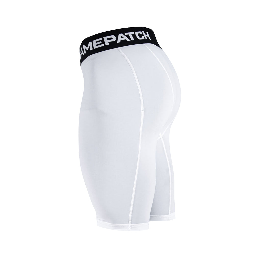 White compression shorts with a black waistband featuring 'GAMEPATCH' branding on a white background.