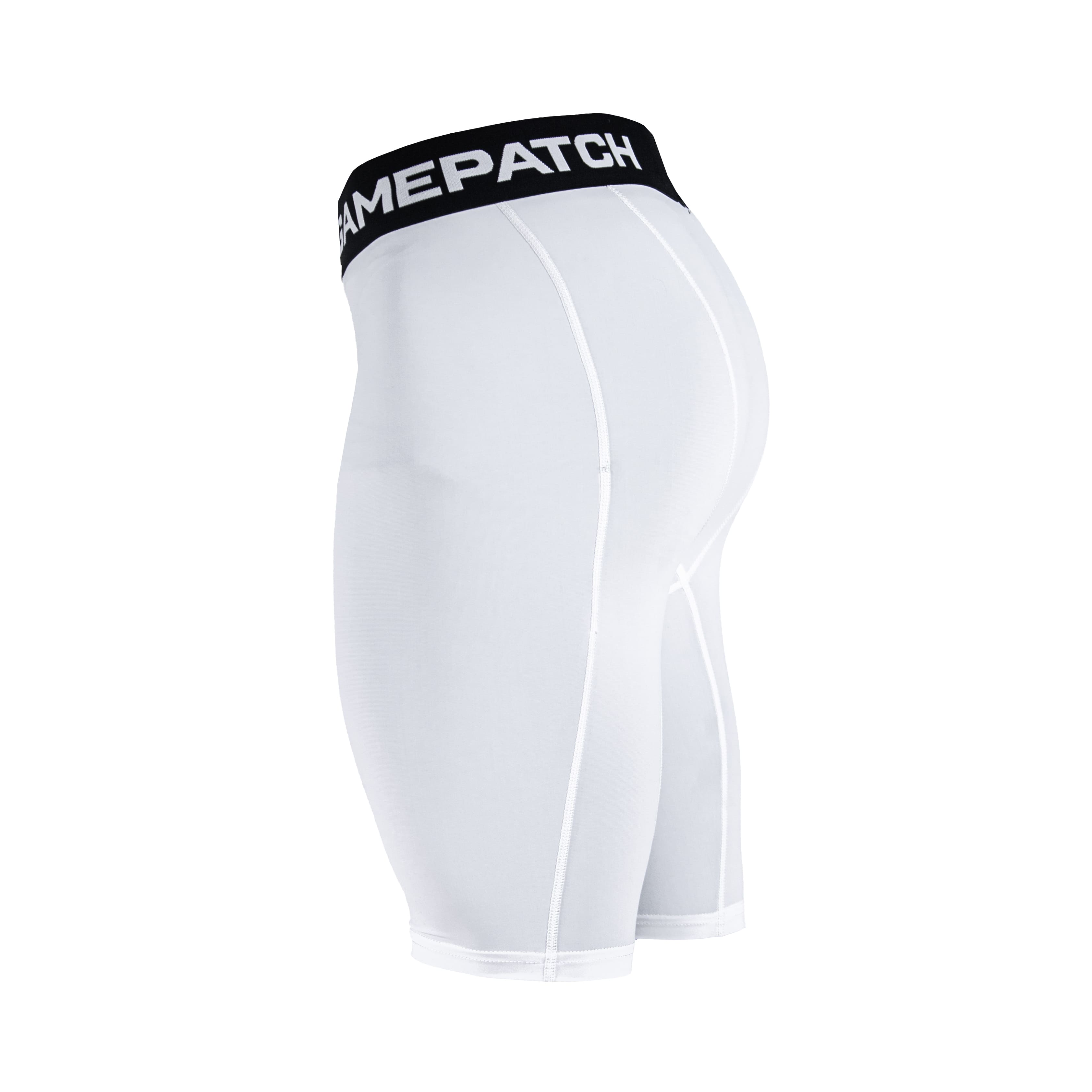 White compression shorts with a black waistband featuring 'GAMEPATCH' branding on a white background.