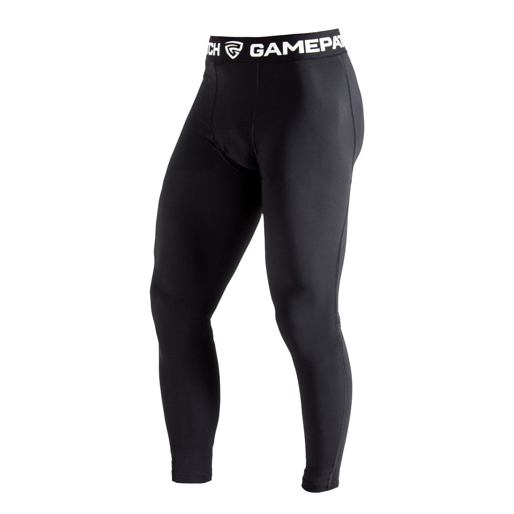 Black compression leggings with a visible brand logo on a white background