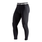 Black compression leggings with a visible brand logo on a white background