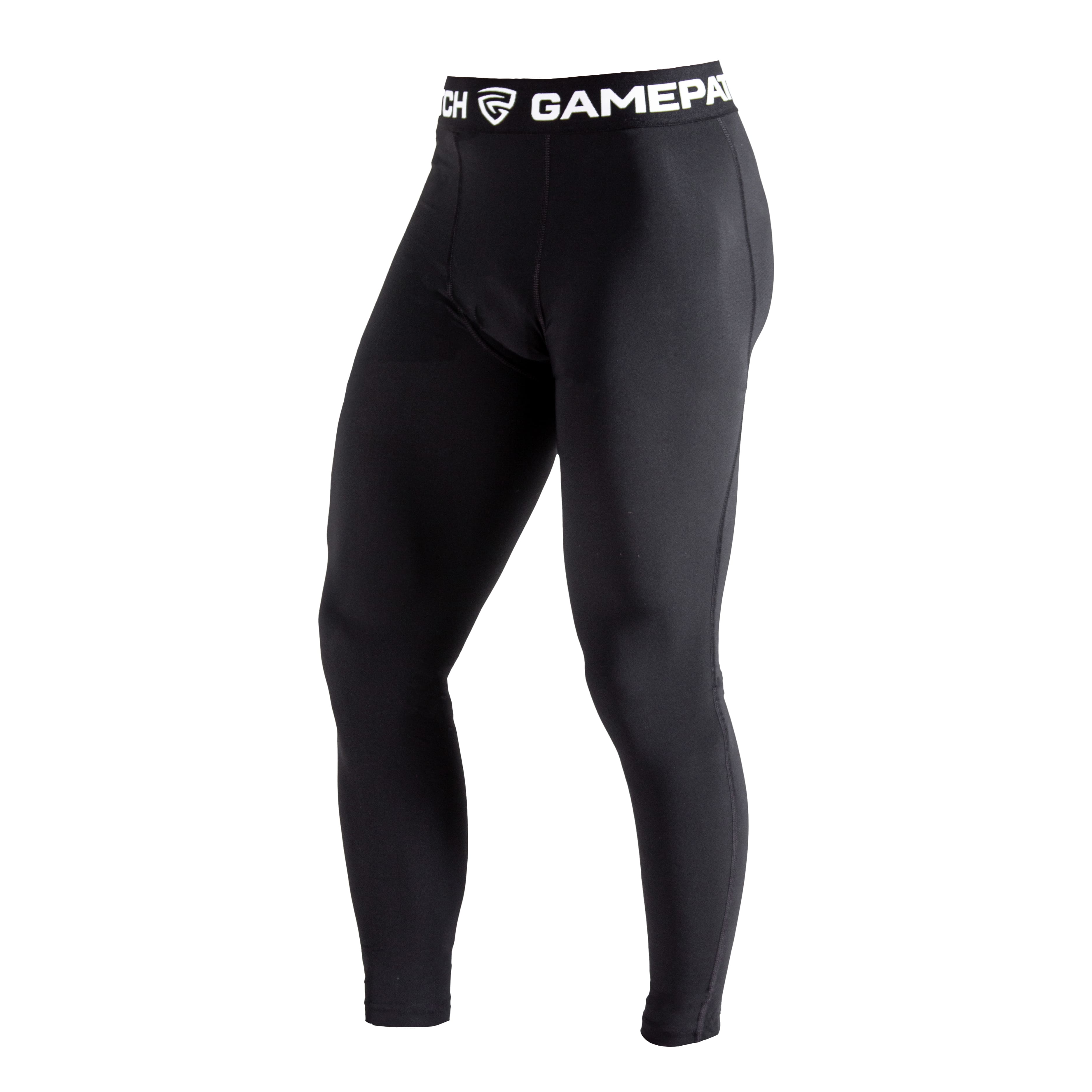 Black compression leggings with a visible brand logo on a white background