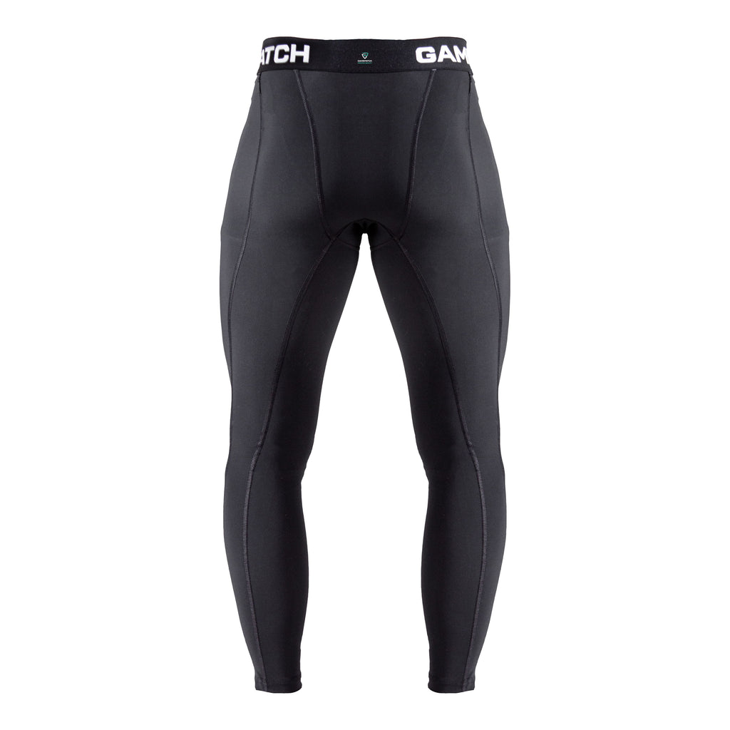 Black compression leggings with brand logo on a white background