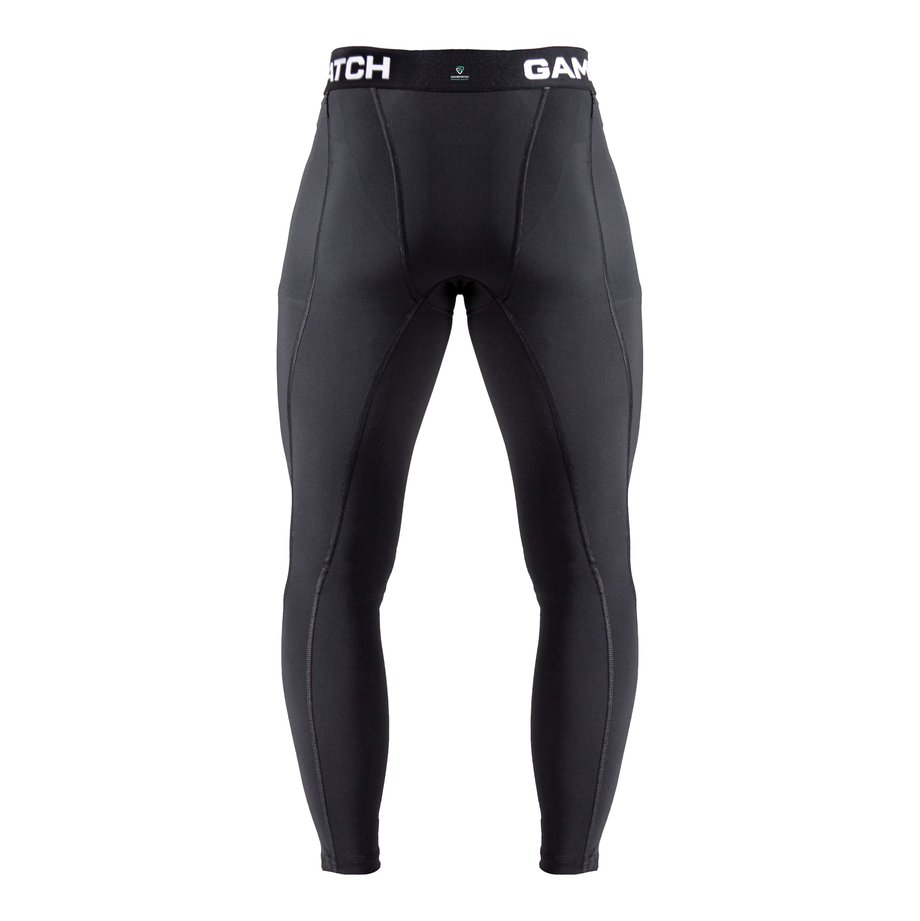 Black compression leggings with brand logo on a white background