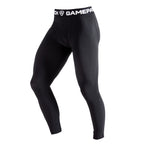 Black compression leggings with a visible brand logo on a white background
