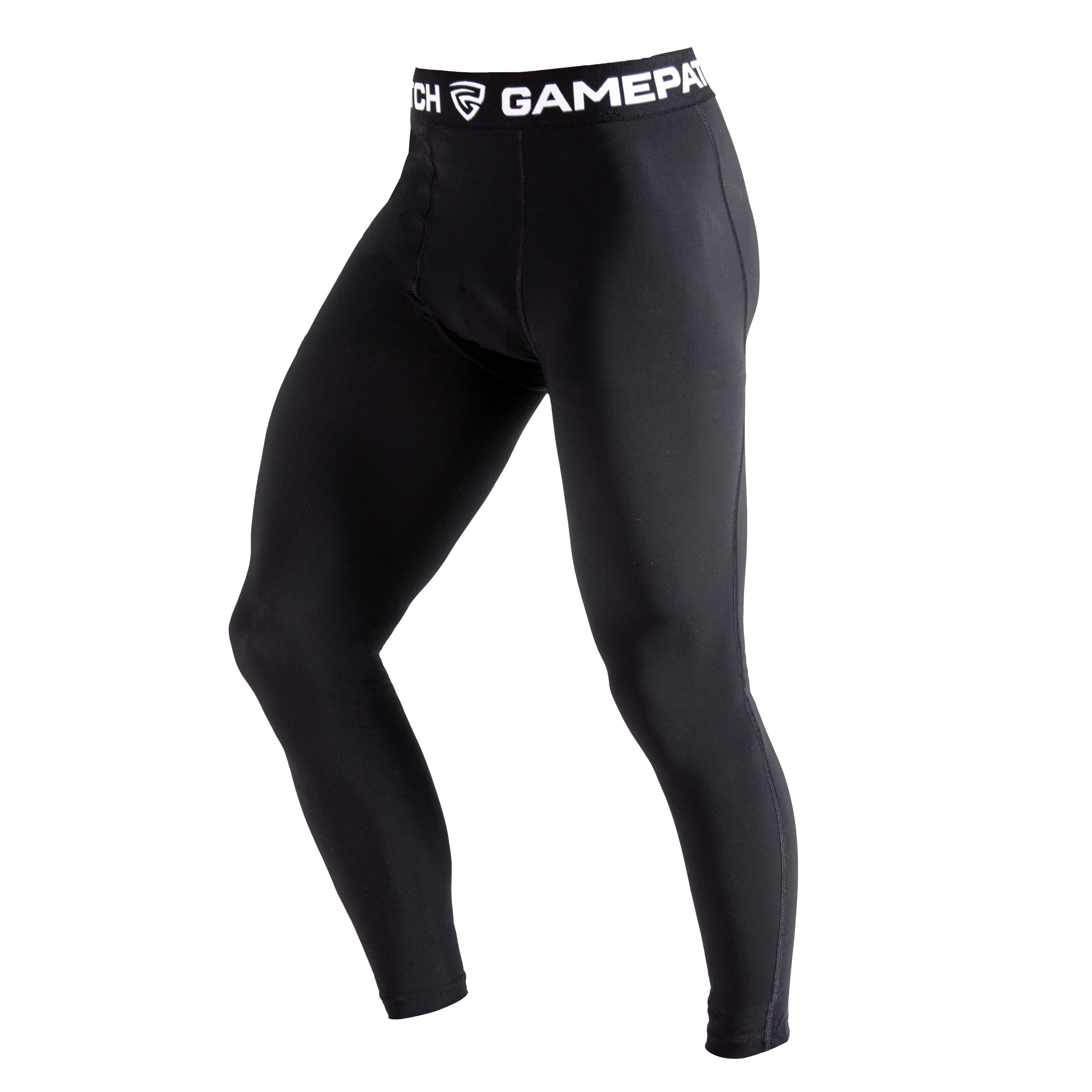 Black compression leggings with a visible brand logo on a white background