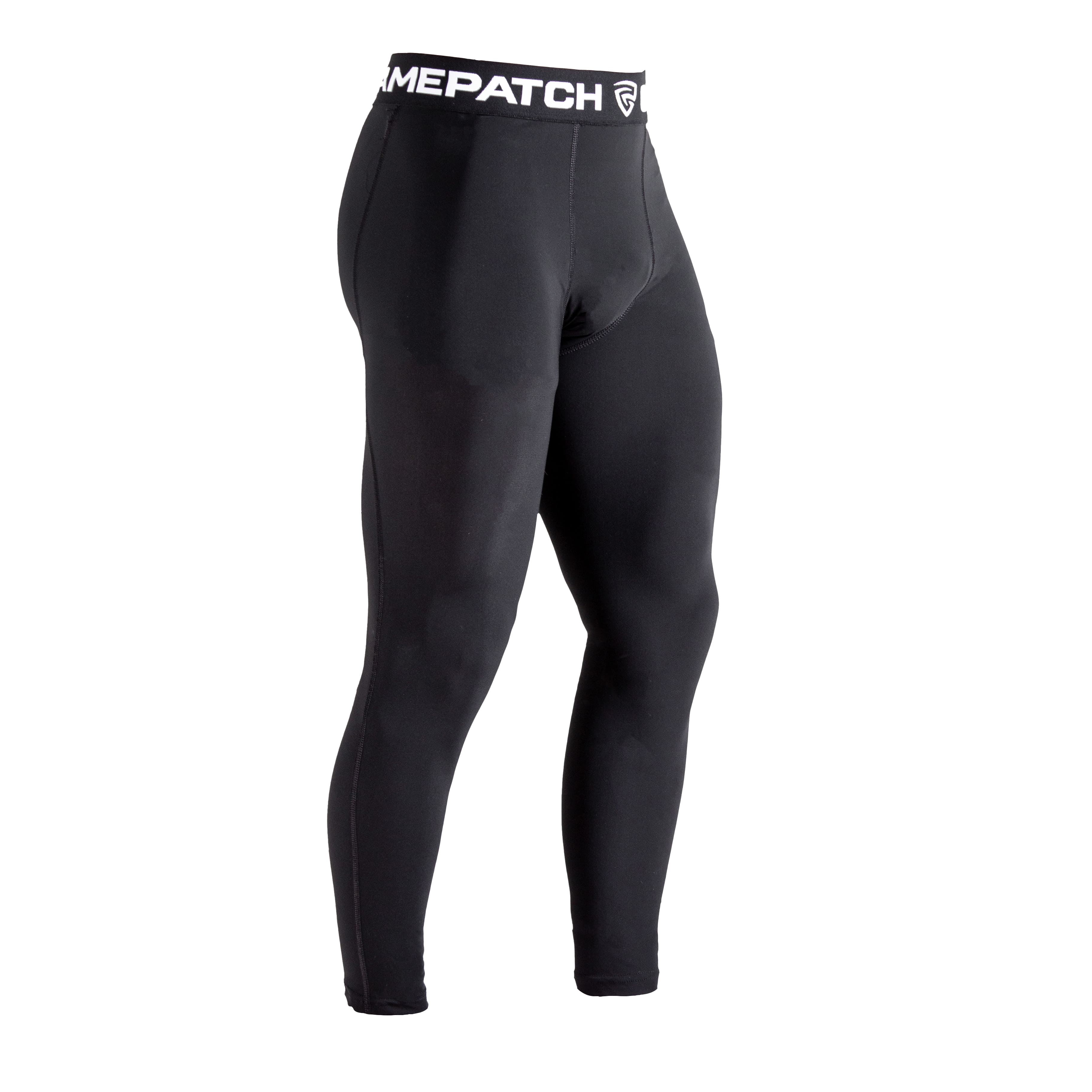 Black compression leggings with a visible brand logo on a white background